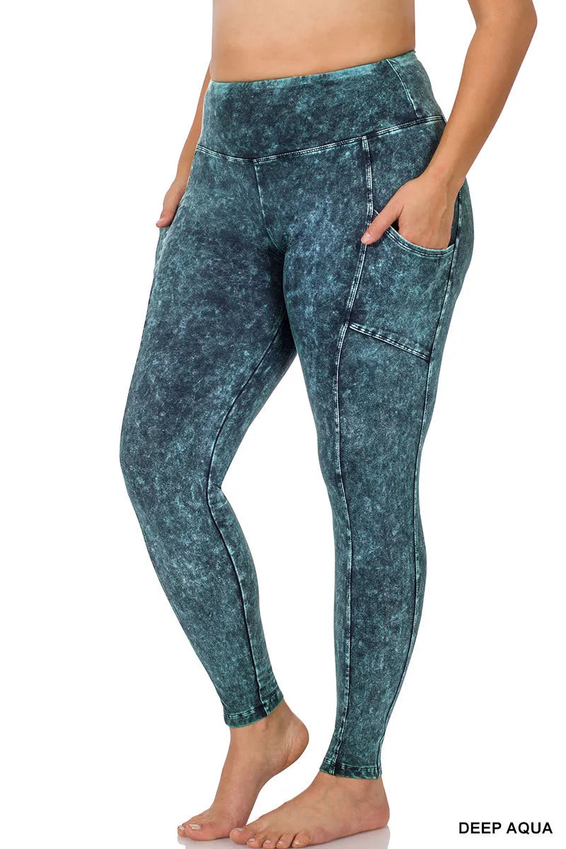 Zenana Mineral Washed Yoga Leggings w/Pockets- PLUS