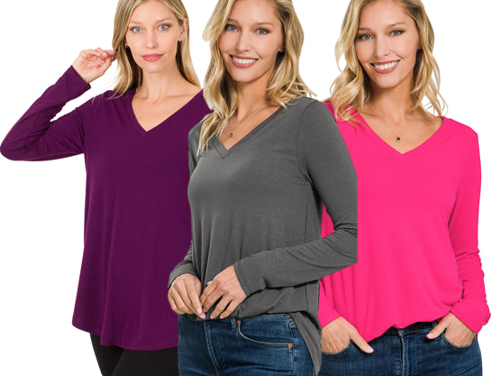 Zenana Basic V-Neck LS Tee- S-XL