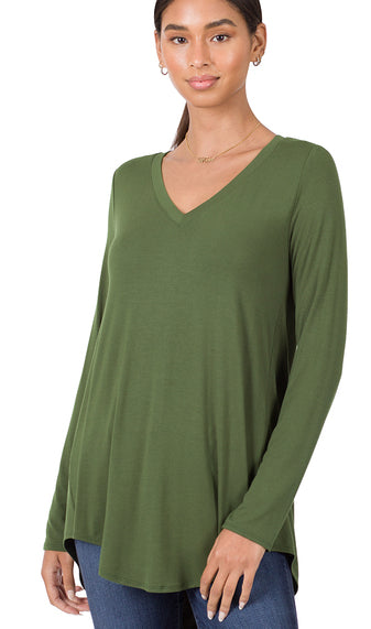 Zenana Luxe Perfect V-Neck LS Tee- S-XL