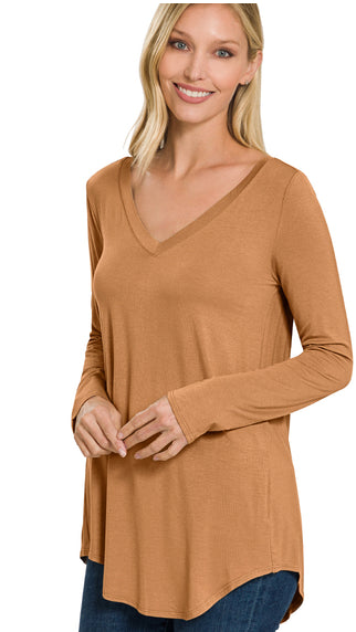 Zenana Luxe Perfect V-Neck LS Tee- S-XL
