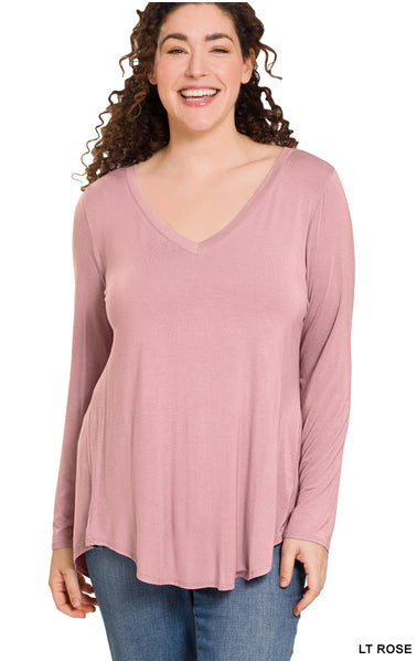 Zenana Luxe Perfect V-Neck LS Tee- PLUS