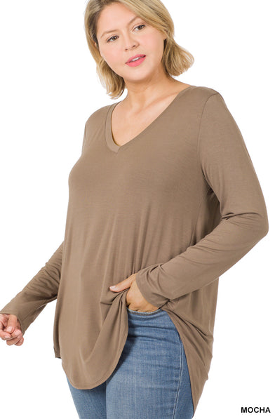 Zenana Luxe Perfect V-Neck LS Tee- PLUS