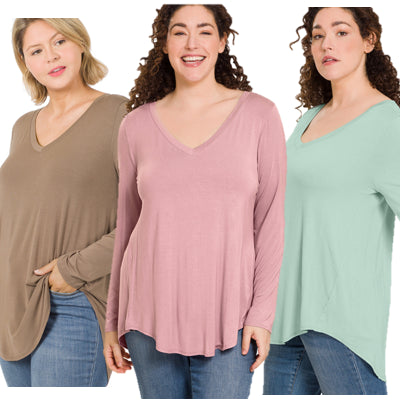 Zenana Luxe Perfect V-Neck LS Tee- PLUS