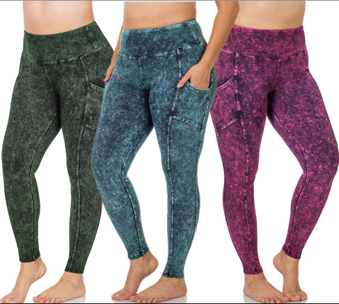 Zenana Mineral Washed Yoga Leggings w/Pockets- PLUS