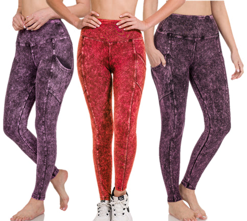 Zenana Mineral Washed Yoga Leggings w/Pockets- S-XL