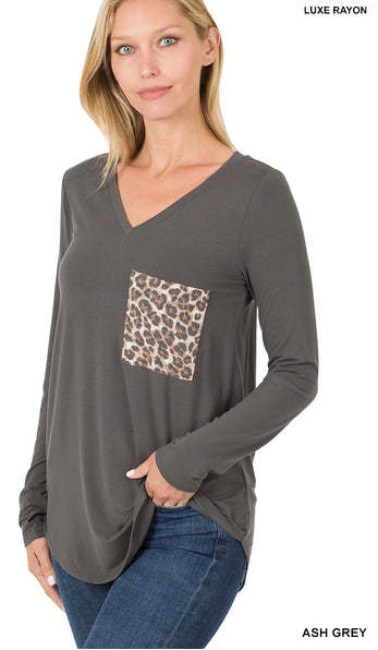 Zenana Luxe Perfect LS Leopard Pocket Tee- S-XL