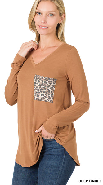 Zenana Luxe Perfect LS Leopard Pocket Tee- S-XL
