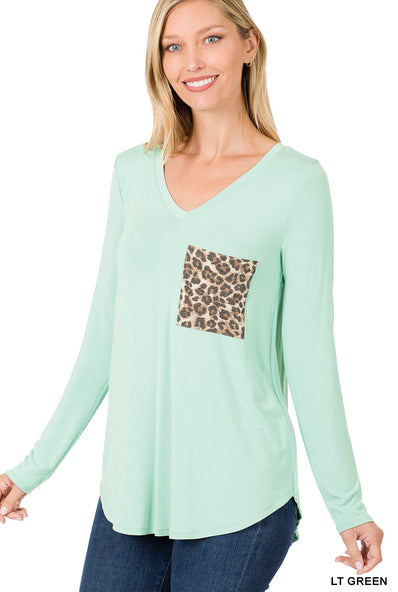 Zenana Luxe Perfect LS Leopard Pocket Tee- S-XL