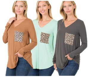 Zenana Luxe Perfect LS Leopard Pocket Tee- S-XL