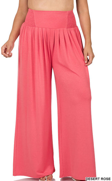 Zenana Smocked Waist Wide Leg Loungers- PLUS
