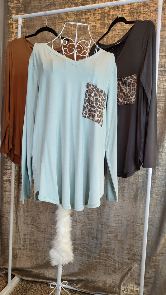 Zenana Luxe Perfect LS Leopard Pocket Tee- S-XL