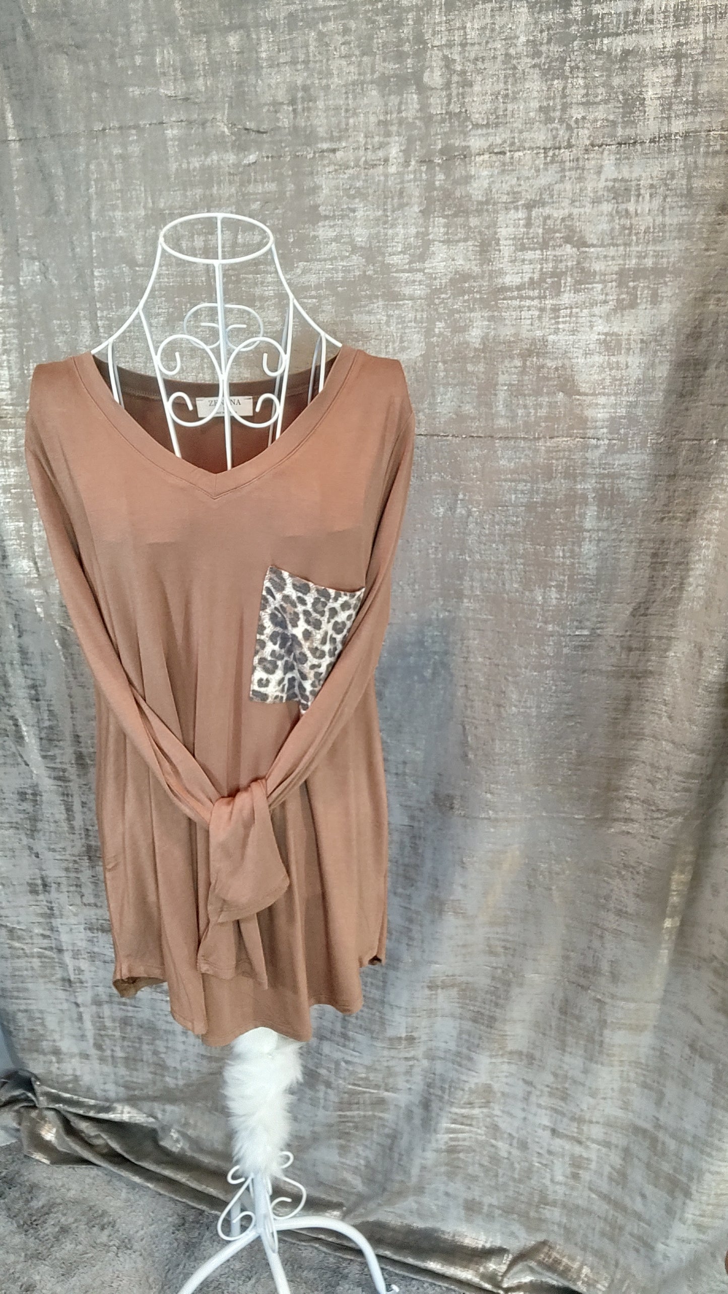 Zenana Luxe Perfect LS Leopard Pocket Tee- S-XL