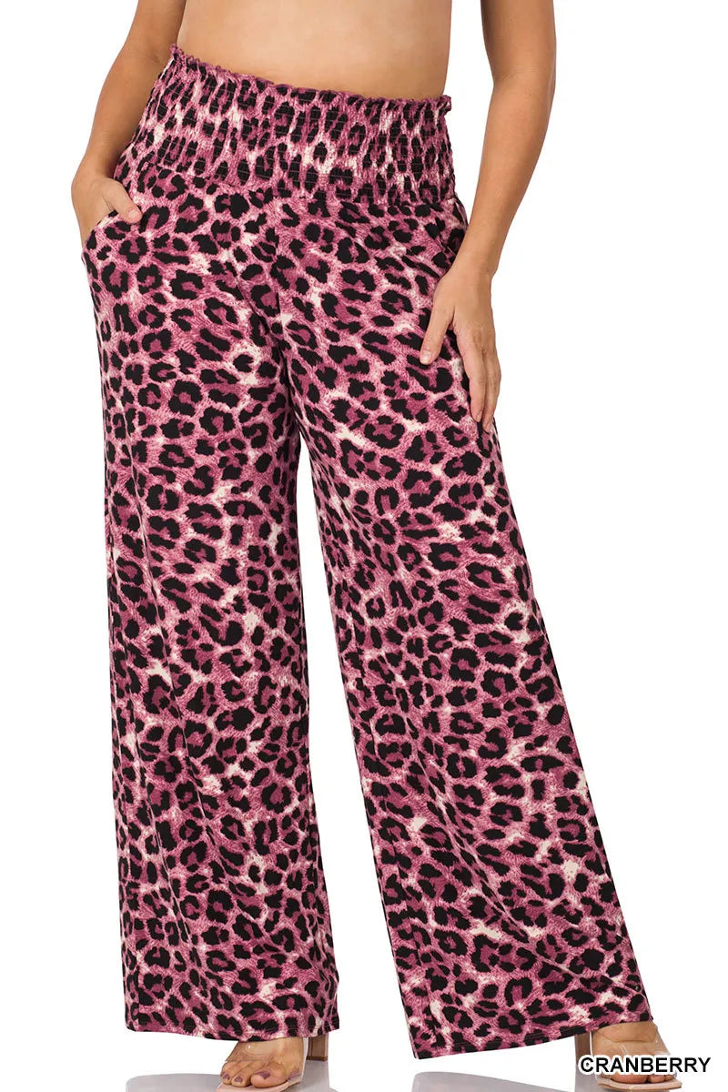 Zenana Leopard Smocked Loungers w/Pockets- PLUS