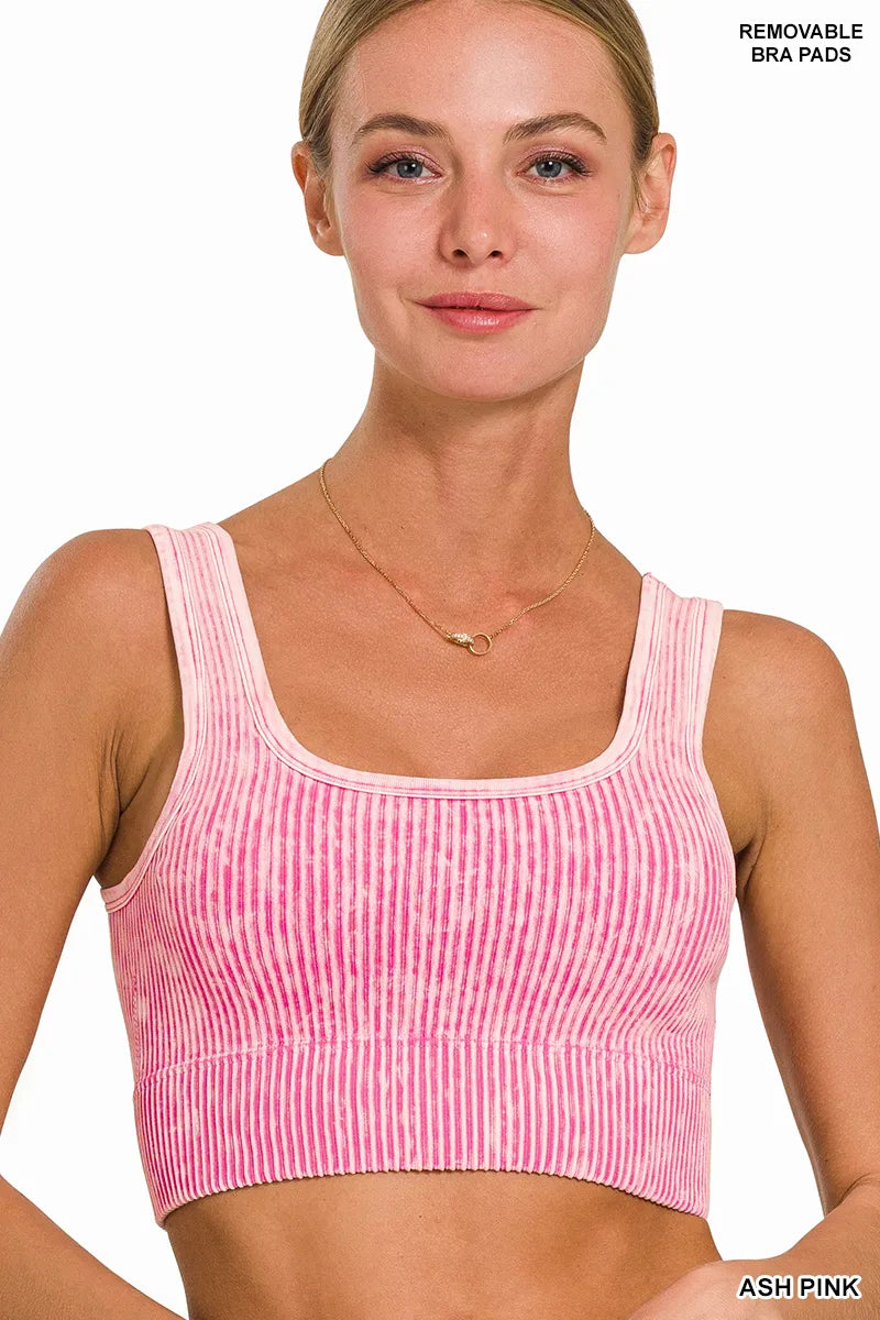 Zenana Mineral Washed Ribbed Bralette- S-XL