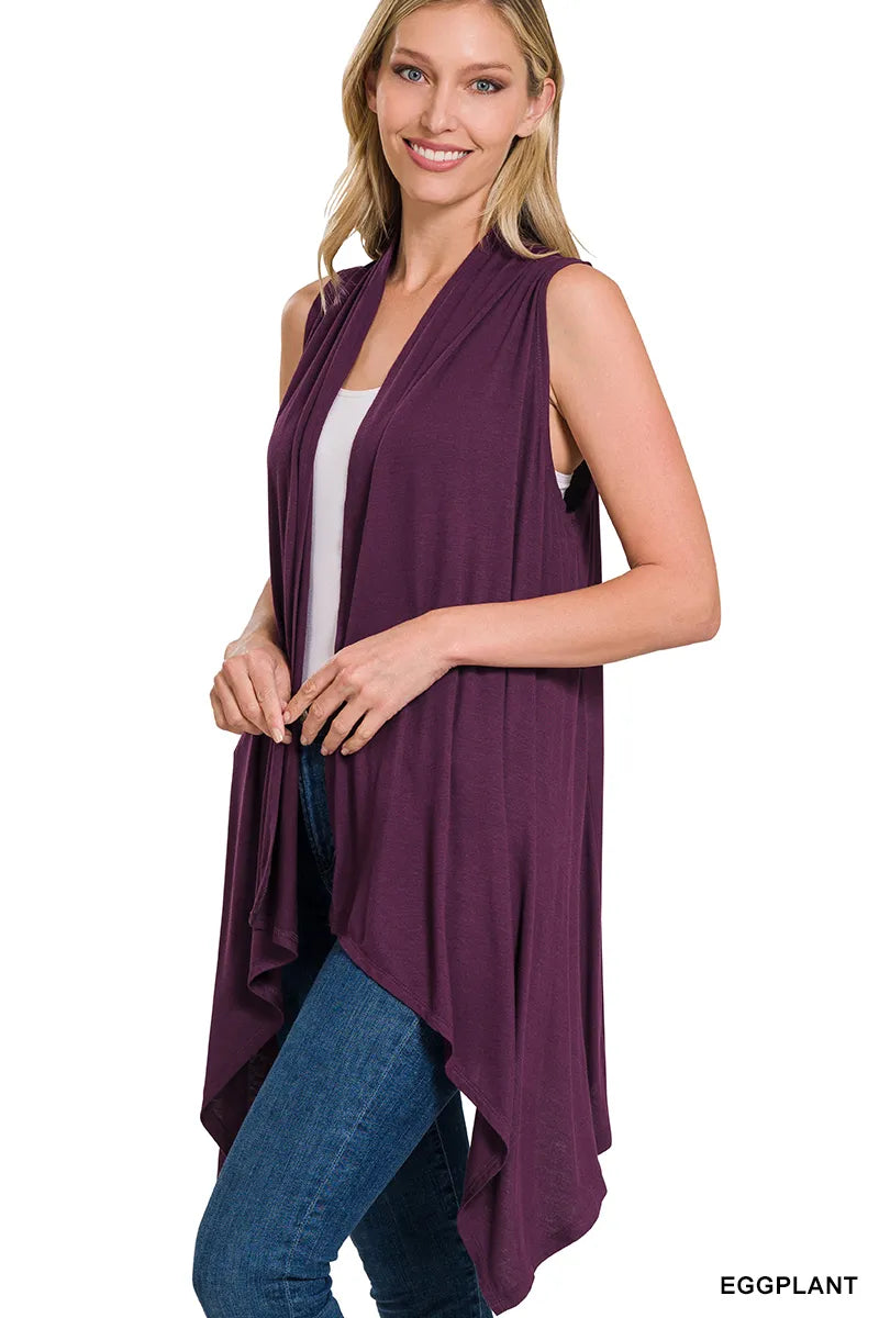 Zenana Draped Sleeveless Cardigan- S-XL