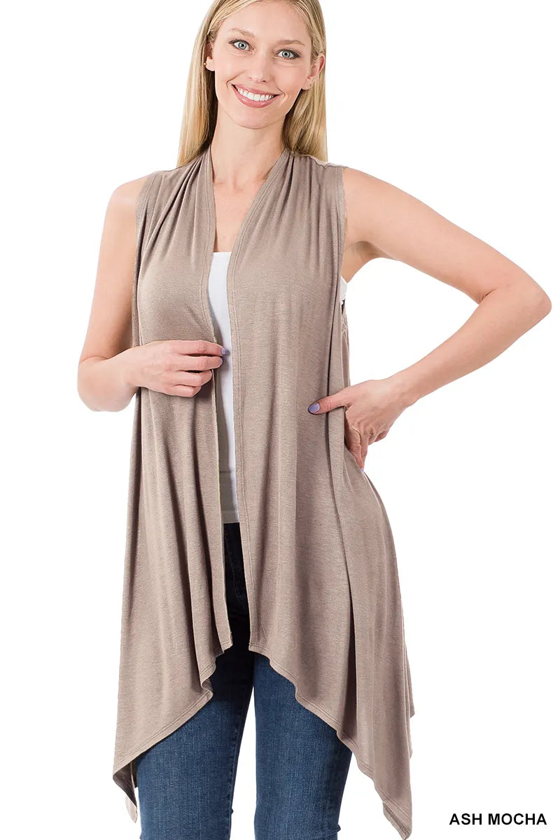 Zenana Draped Sleeveless Cardigan- S-XL