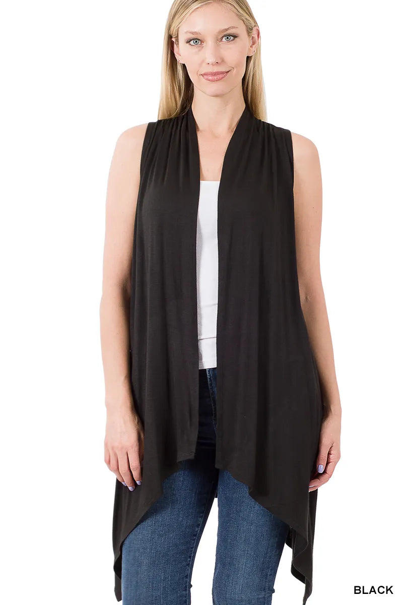 Zenana Draped Sleeveless Cardigan- S-XL