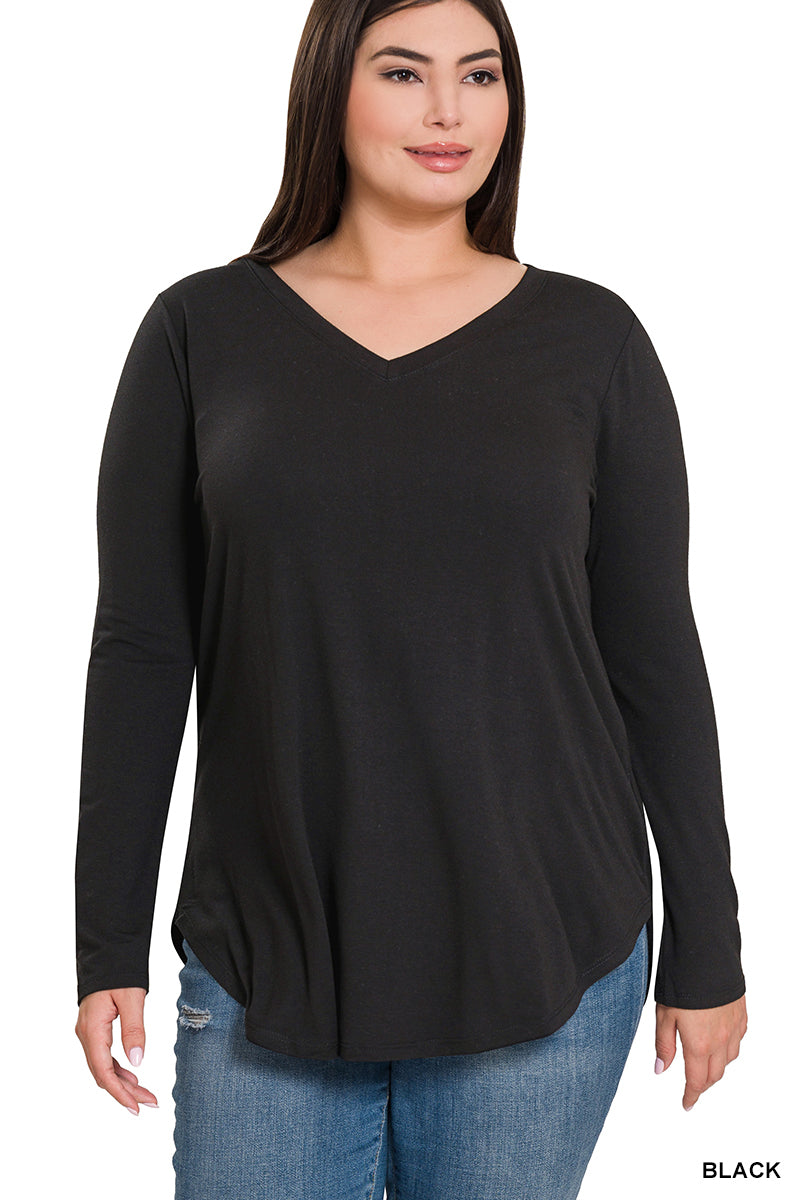 Zenana Basic V-Neck LS Tee- PLUS