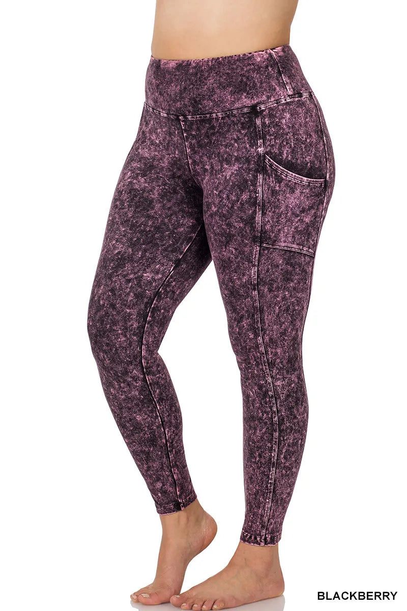 Zenana Mineral Washed Yoga Leggings w/Pockets- PLUS