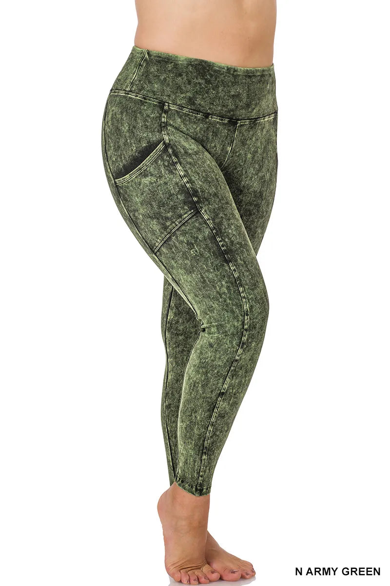 Zenana Mineral Washed Yoga Leggings w/Pockets- PLUS