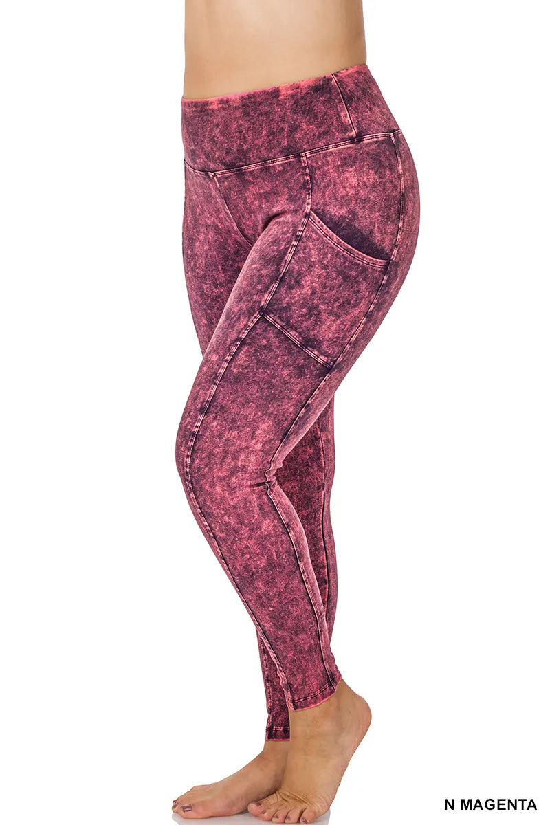 Zenana Mineral Washed Yoga Leggings w/Pockets- PLUS