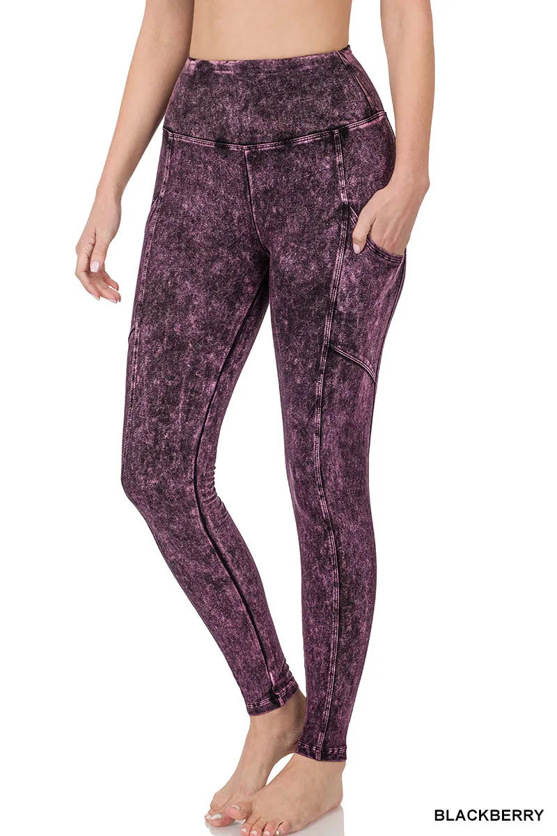 Zenana Mineral Washed Yoga Leggings w/Pockets- S-XL