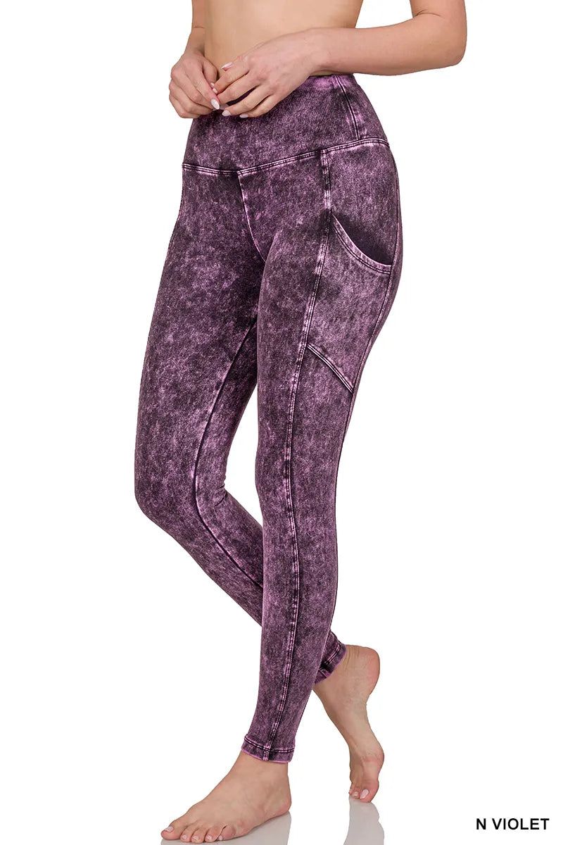Zenana Mineral Washed Yoga Leggings w/Pockets- PLUS