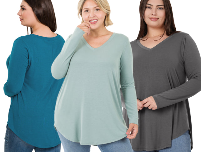Zenana Basic V-Neck LS Tee- PLUS