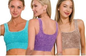 Zenana Mineral Washed Ribbed Bralette- S-XL