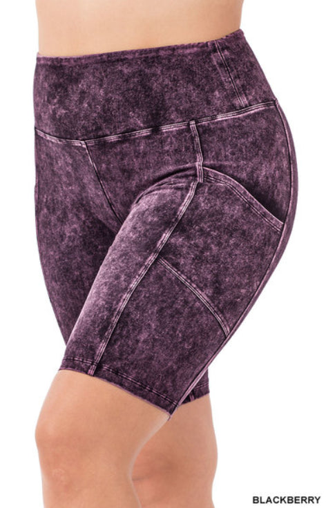Zenana Mineral Washed Yoga Shorts w/Pockets- PLUS