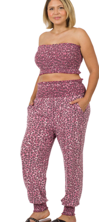 Zenana Leopard Smocked Tube Top & Lounge Jogger Pants- S-3X