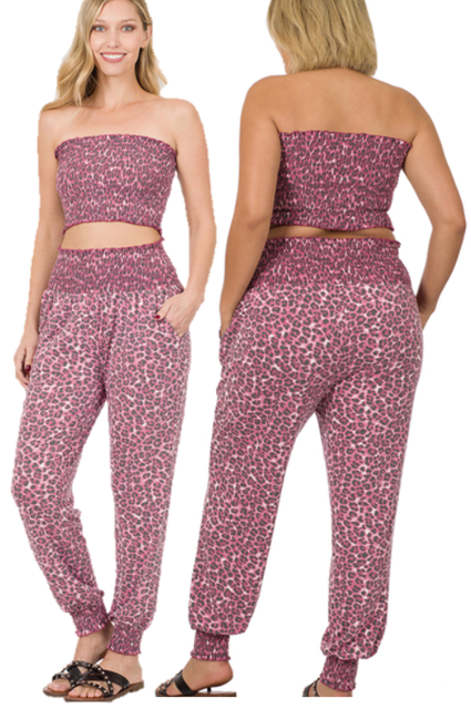 Zenana Leopard Smocked Tube Top & Lounge Jogger Pants- S-3X